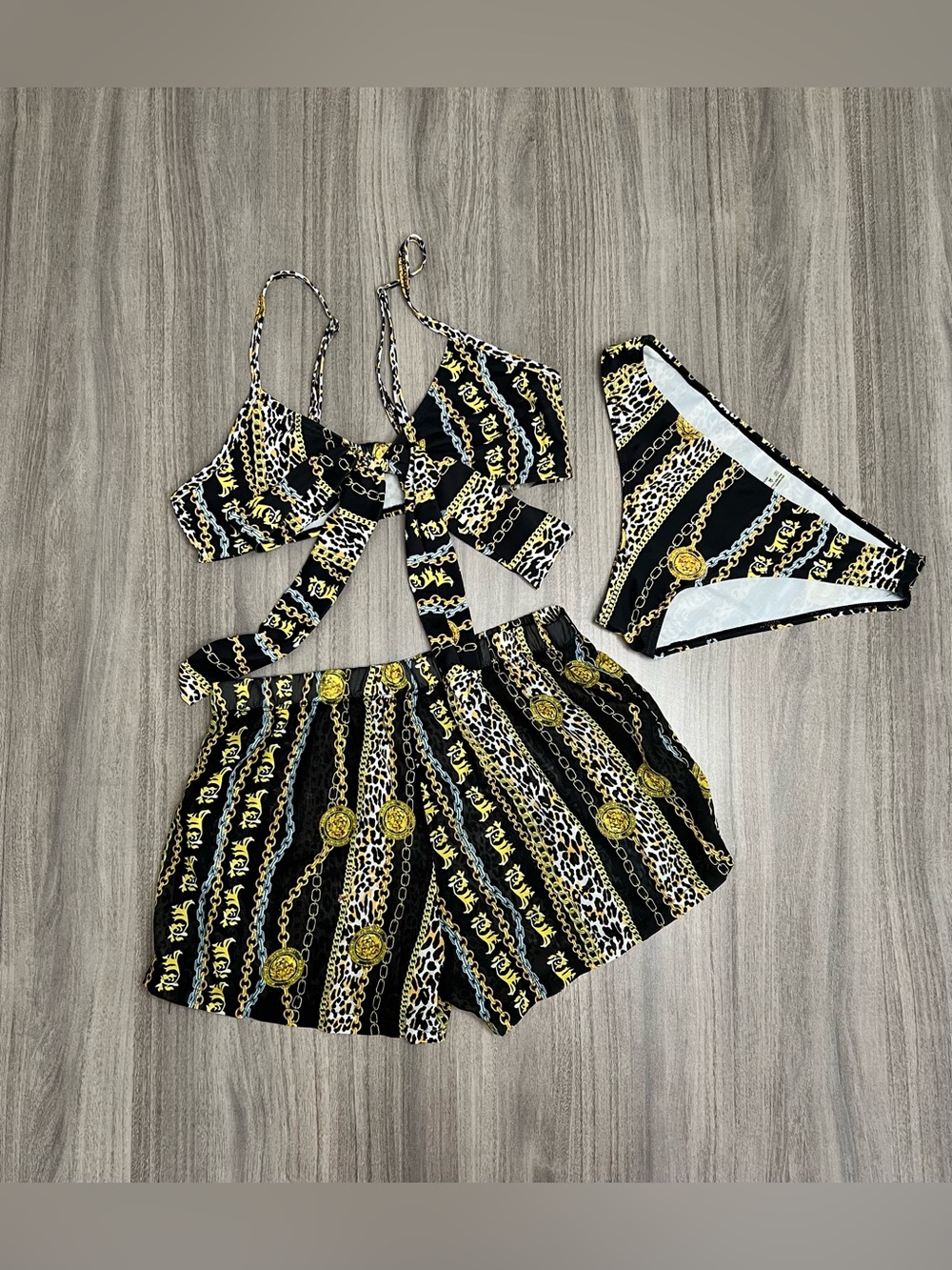 SHEIN three pieces set Black Bikini with Gold Chain & Leopard Print